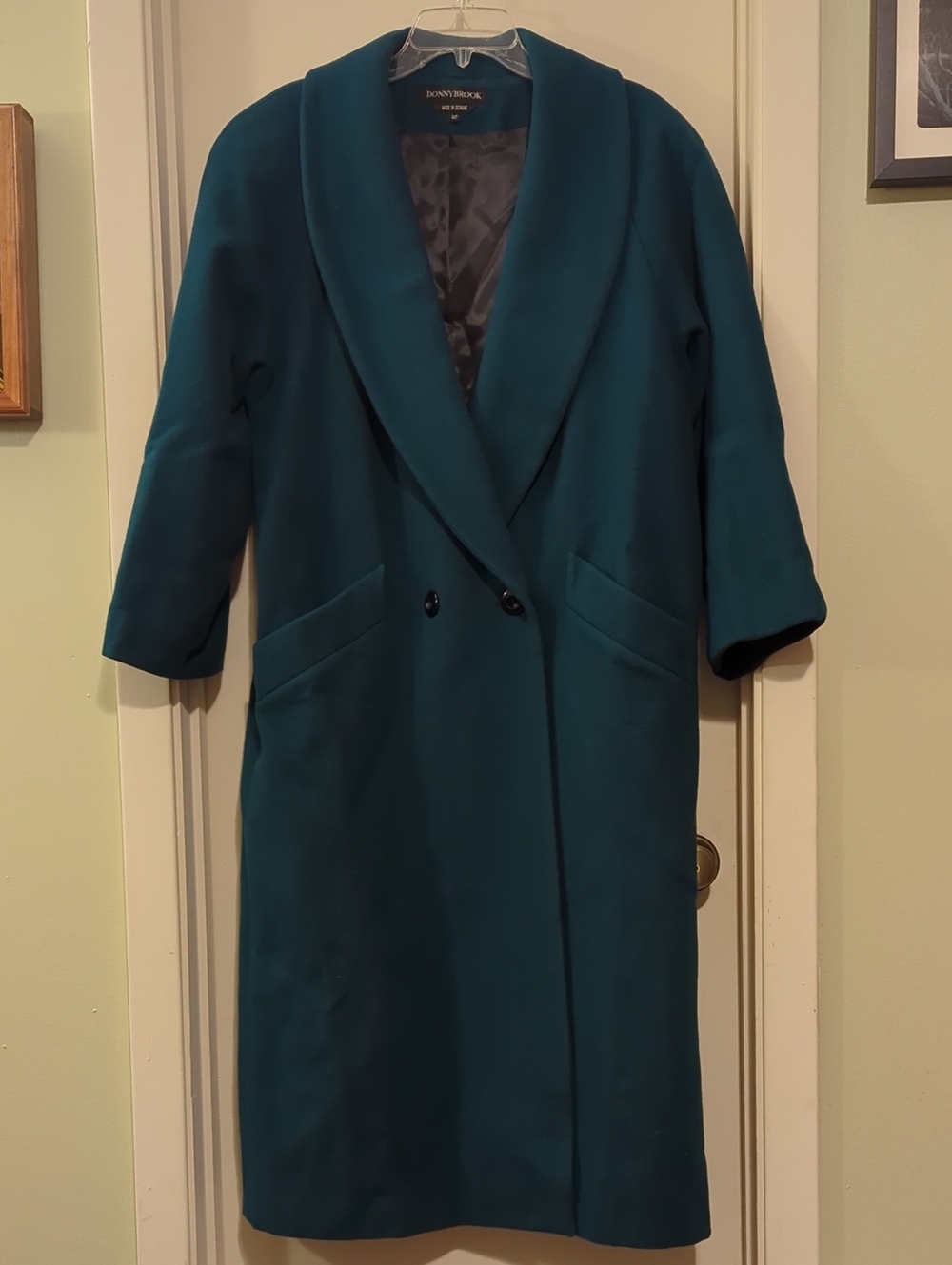 VTG Donnybrook Teal Wool Trench Coat Size 12 Long Shawl Collar Oversized
